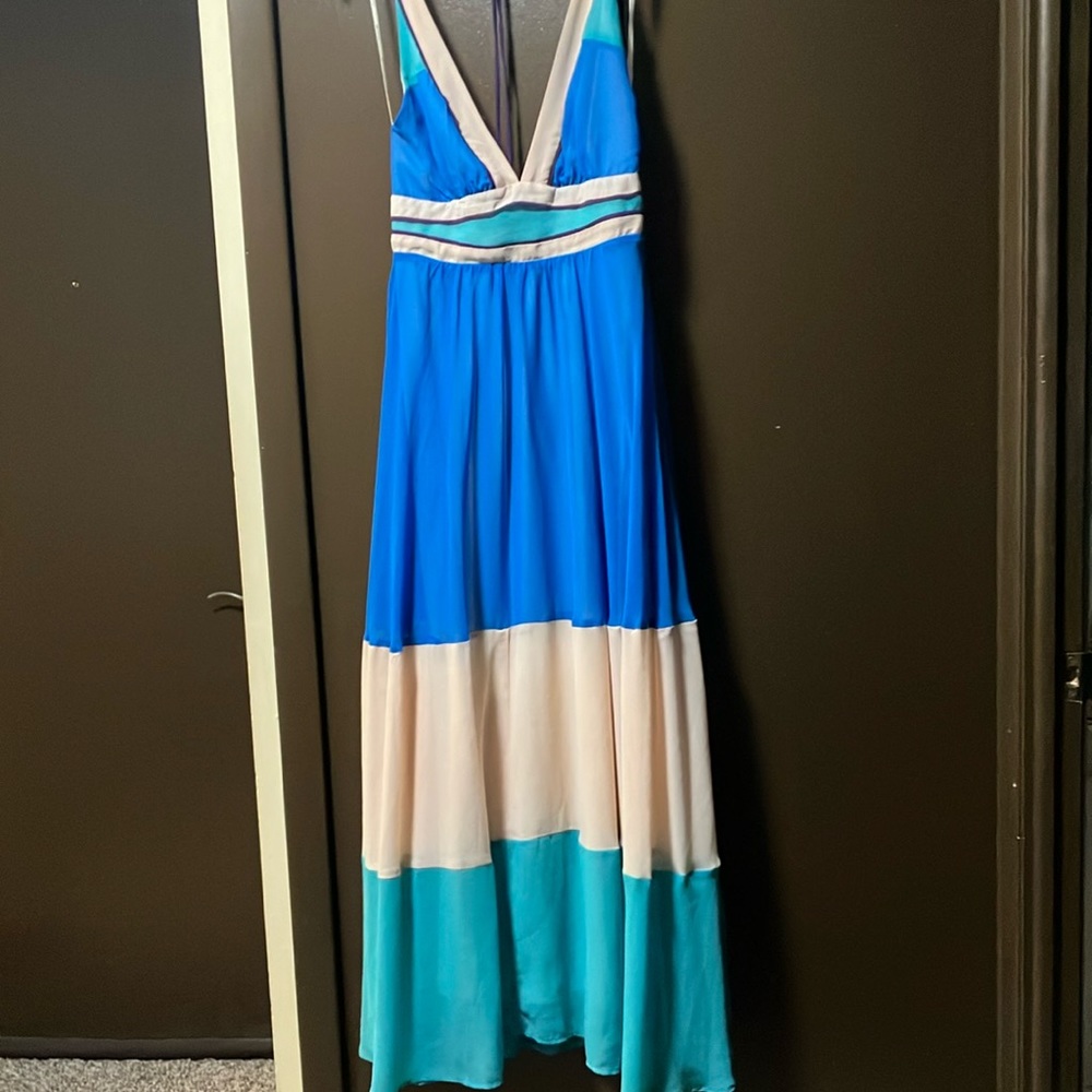 Forever 21 color block sundress! Mint green, blue, tan w/eggplant purple trim.